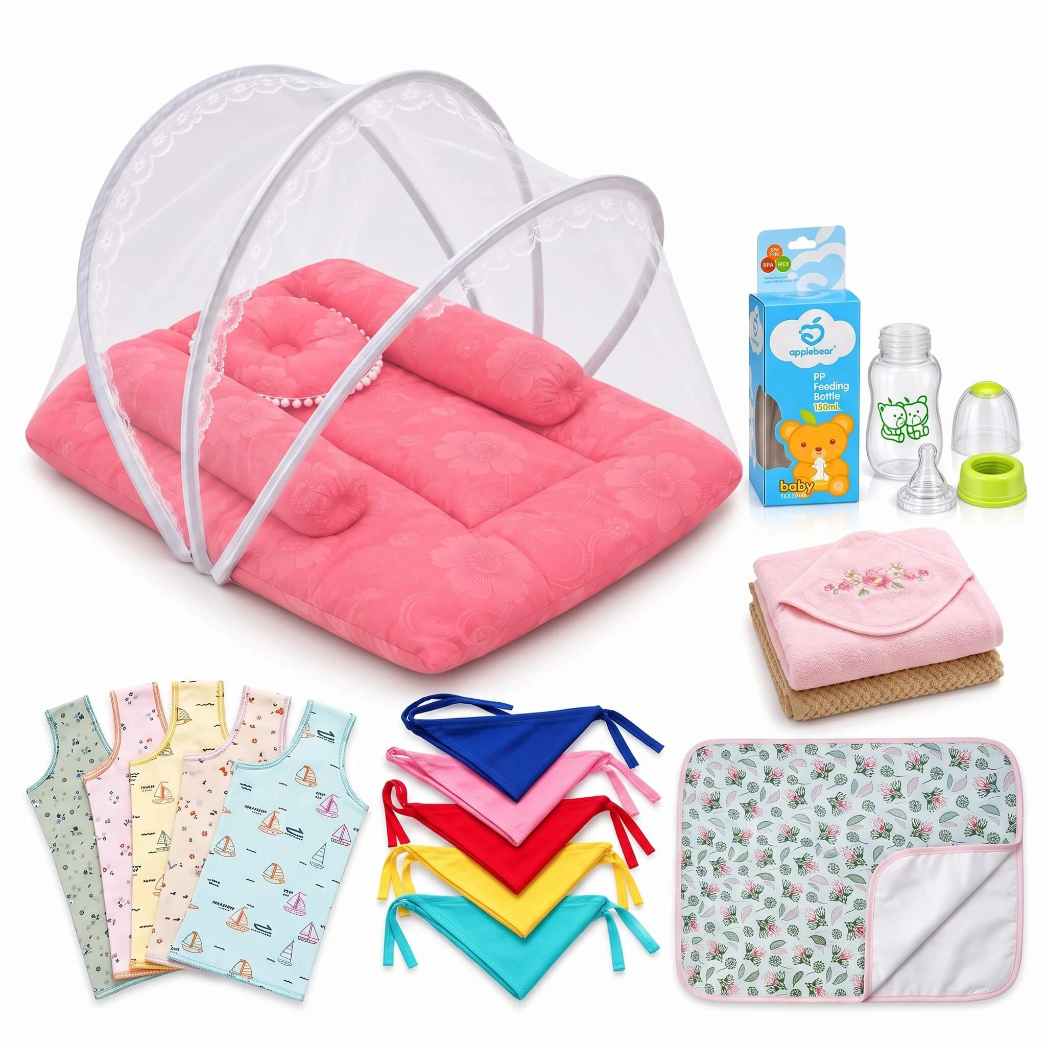 Newborn Baby Essentials Combo with Bed Set, Feeder, Towel, Nima, Nappy and Waterproof Urine Mat